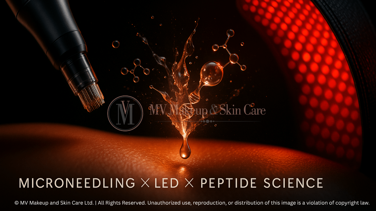 Microneedling with LED therapy and peptide science facial treatment at MV Makeup and Skincare clinic.